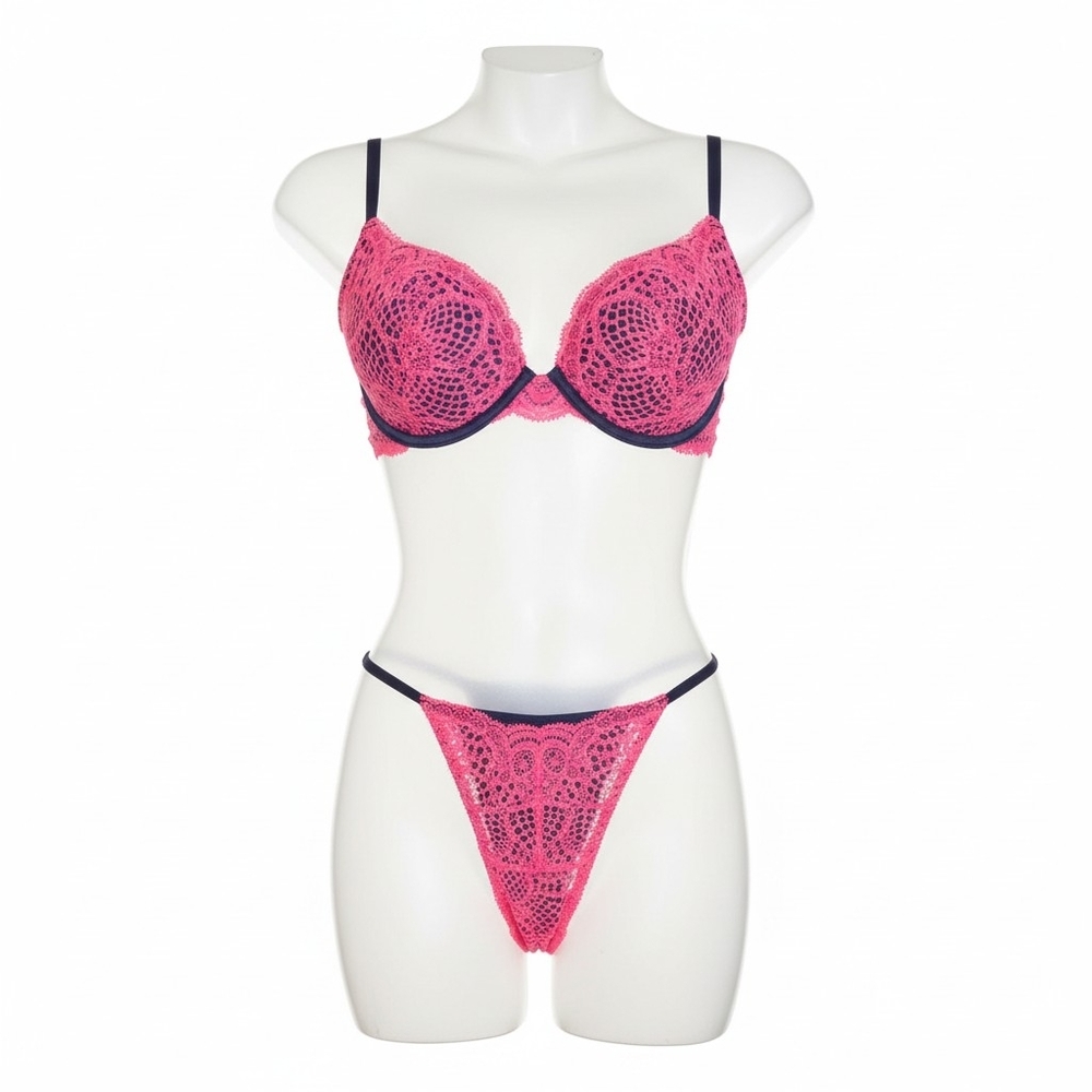 Victoria's Secret Crochet Lace Push-Up Bra & Thong Set - Neon Pink & Black